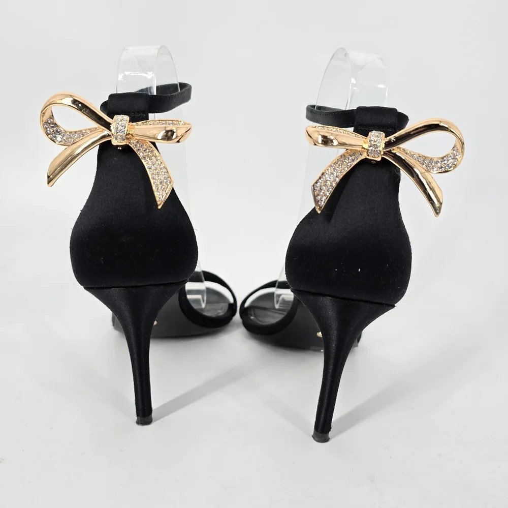 Stella Luna Black Satin Strappy Black Sandals Gold Bow Size 38